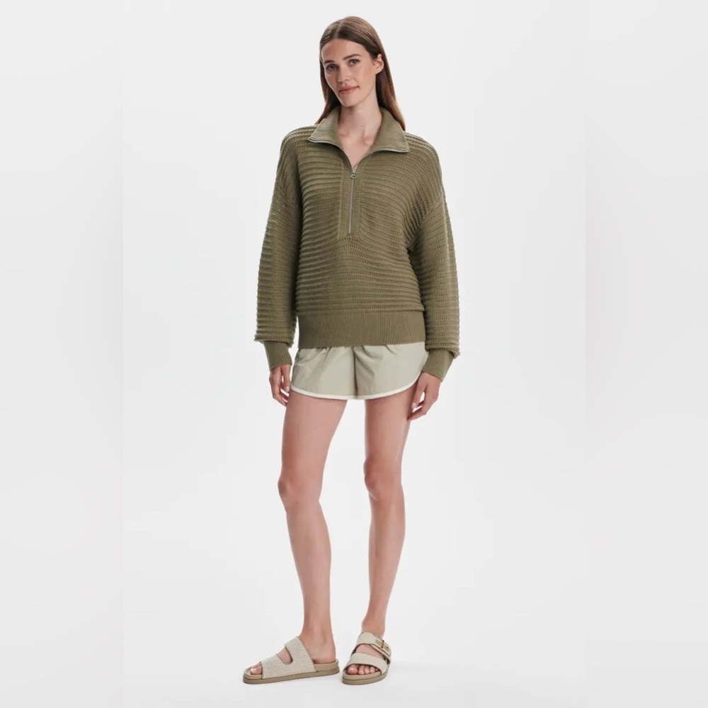 new Varley Tara pointelle half zip sweater in dusky green sage